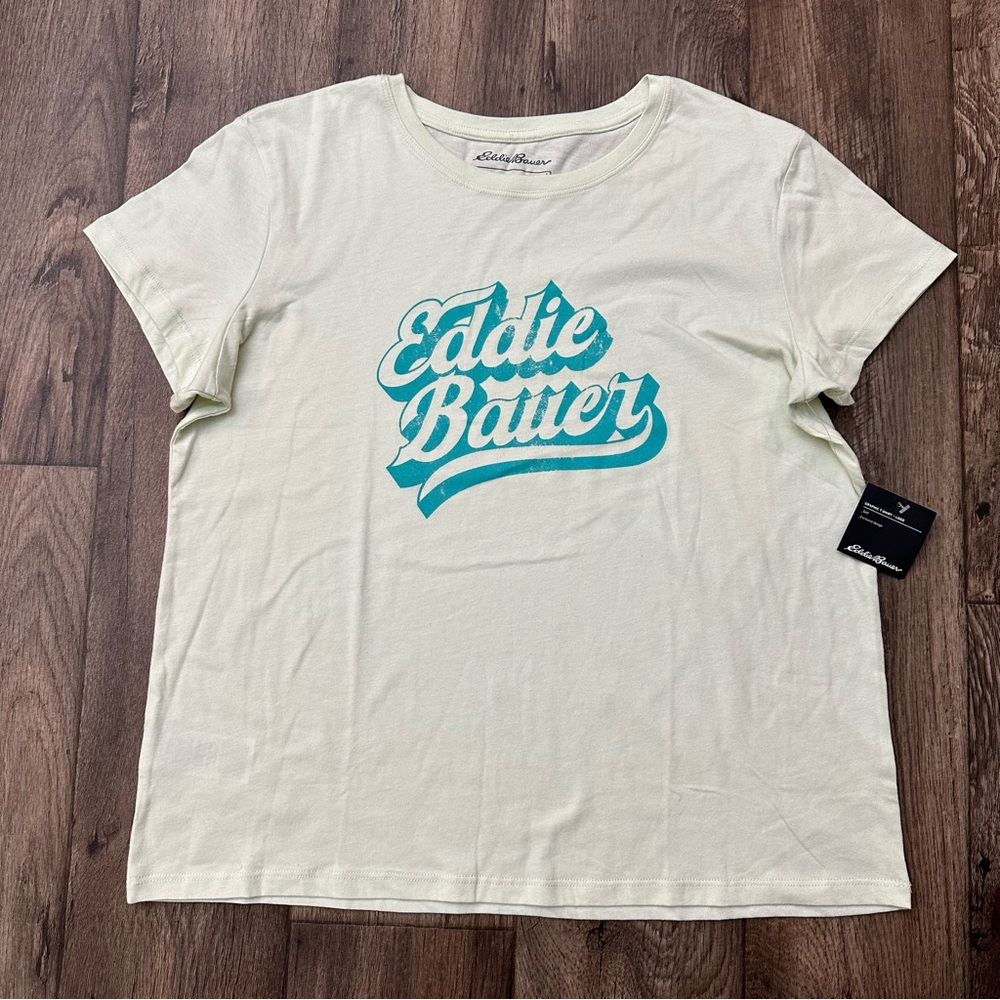 Eddie Bauer Graphic T-Shirt Retro Brand Logo Women’s Size L Seamist Yelowish